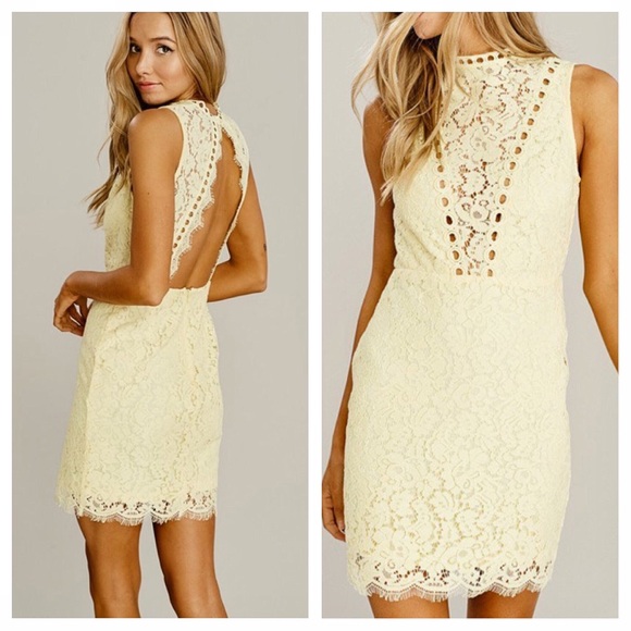 Yellow Eyelet Lace Backless Cutout Cocktail Dress - Picture 2 of 8